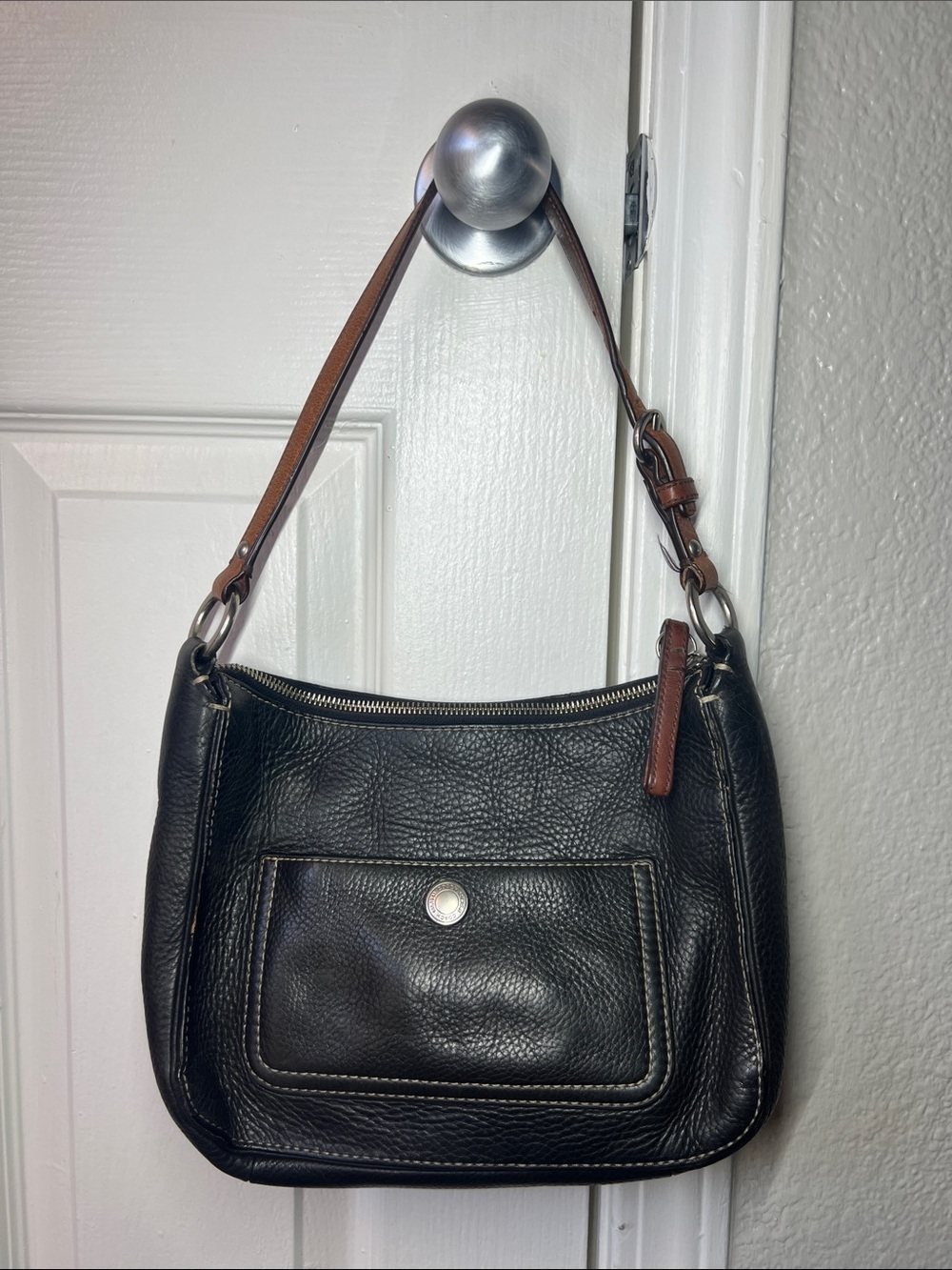 Coach Black Leather Shoulder Bag with Brown Strap